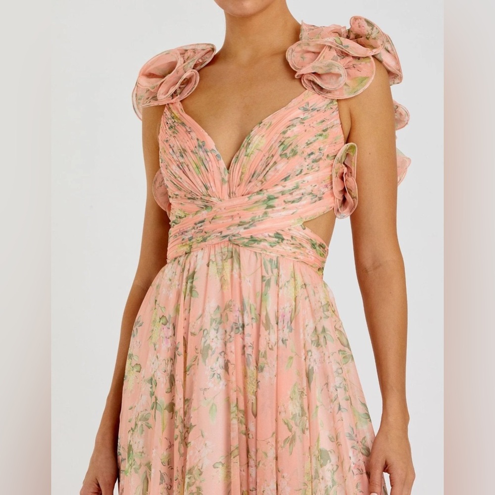 RE Mac Duggal 68703 Ruffle Tiered Floral Cut-Out Chiffon Gown in Pink Multi - Picture 3 of 5
